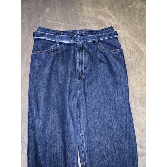 UNIQLO Jeans Retro Relax Fit Wide Leg High Rise Tapered Belted Blue Jeans - Picture 5 of 11